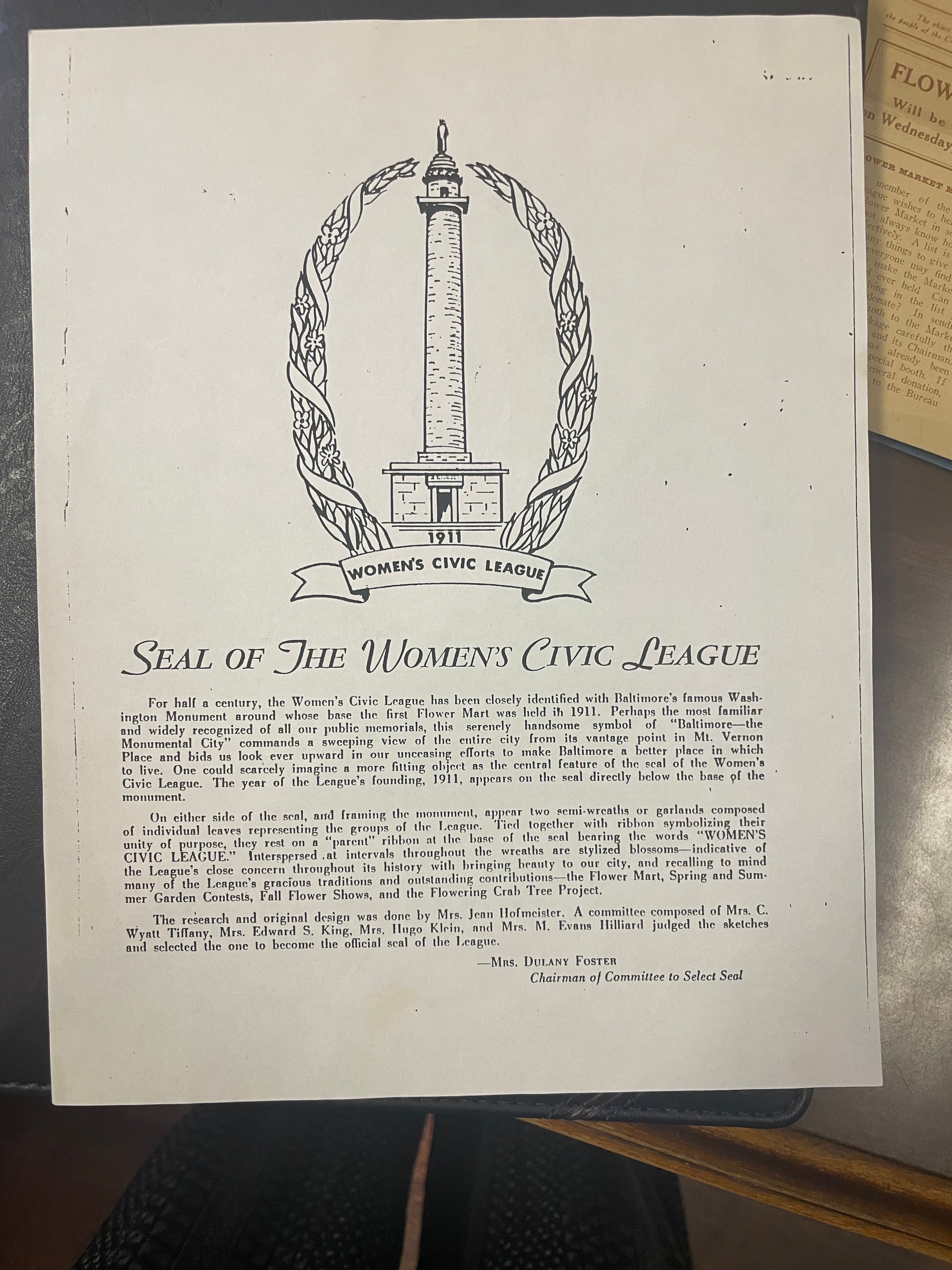 Seal of the Women's Civic League — historical document describing the origin of the official seal, featuring the Washington Monument emblem, circa 1911